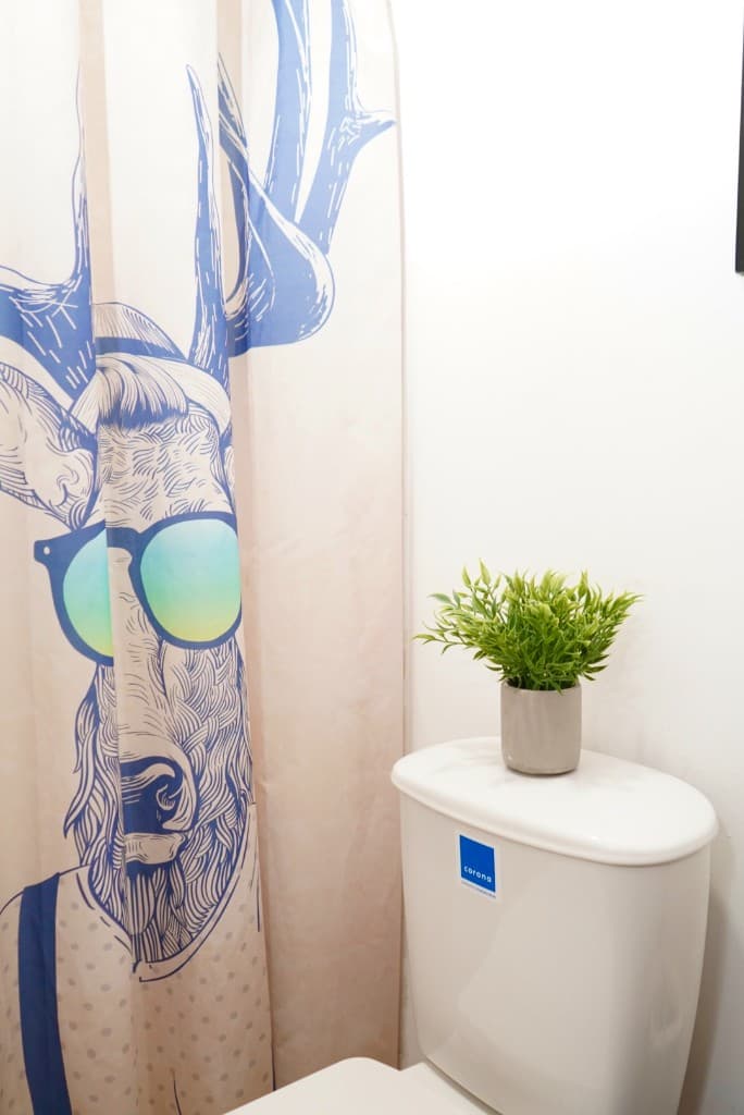 Detalle de baño luminoso con cortina decorativa
